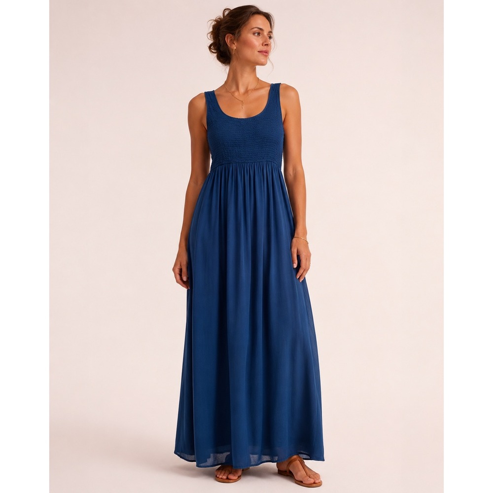 Anrabess Maxi Dress Womens L Blue Excellent Smocked Bodice Sleeveless Rayon